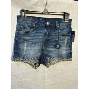 SB BLUE Women Denim Shorts Sz 3High Waist Embroidered Frayed Hem Street Prairie